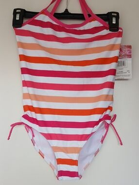 KANU SURF Sassy Girls Pink/Orange Striped One Piece Swimsuit Size 14 NWT